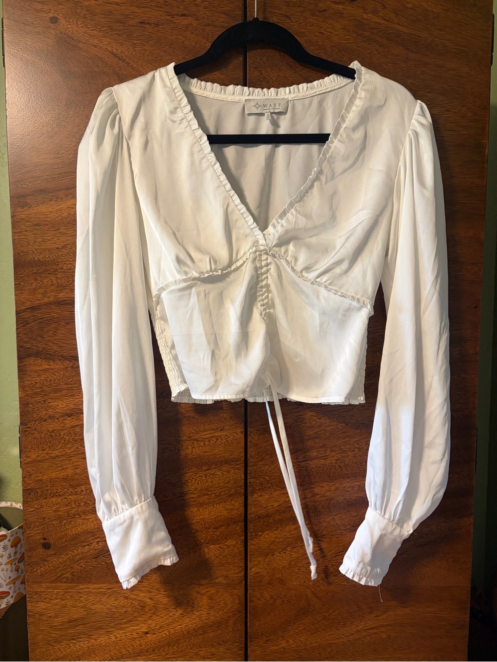 Wayf White Long-Sleeve V-Neck Tie-Front Blouse